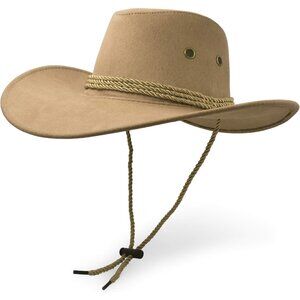 Unisex Beige Faux Wide Brim with Braided Band Chin Strap Classic Cowboy Felt Hat